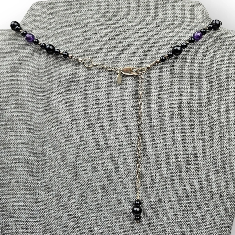 GENUINE Amethyst Beaded Necklace Black Glass Y Pendant 925 Sterling Silver 16.5